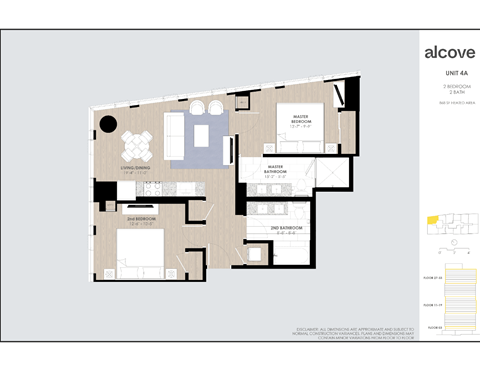 Floor plan for 1 bed, 2 baths, 868 sqft